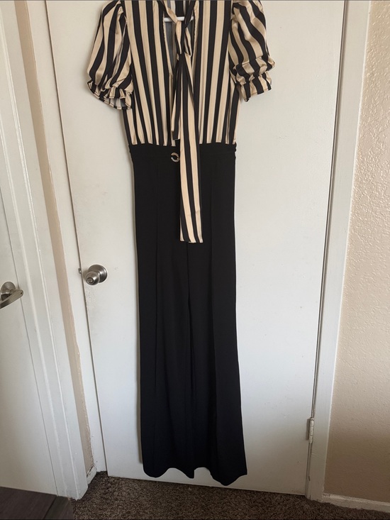 Fashion Nova Pants - Fashion Nova Black and Cream Striped Tie-Neck Jumpsuit